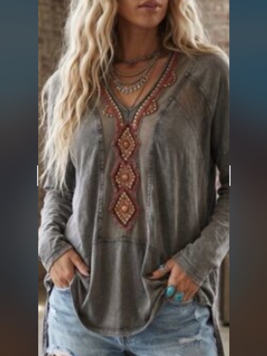 Free People Tops - Free people Embroidered V-Neck Long Sleeve Women's Top - Gray